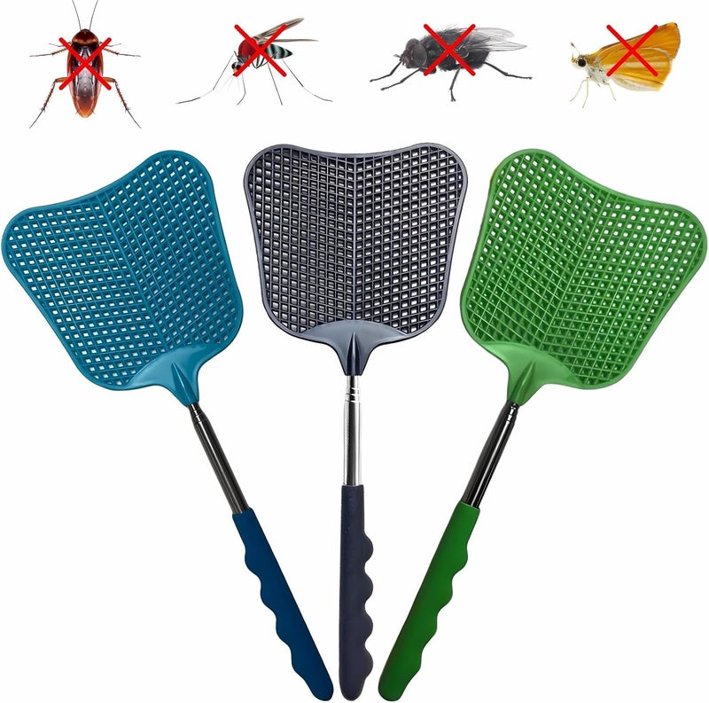 Jakeloo Telescopic Fly Swatter, 3 Pack Fly Swatter for Indoors Plastic Flyswatter Heavy Duty with Stainless Steel Telescopic Handle Ideal for Summer Home/Indoor/Outdoor/Classroom/Office (Mixed Colour) - Image 1